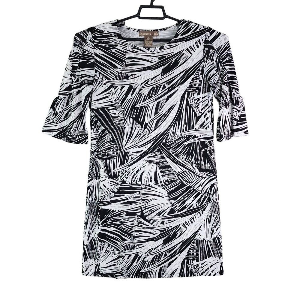 Womens Alexandra & Oak Dress Black White 3/4 Bell Sleeve Round Neck Size M